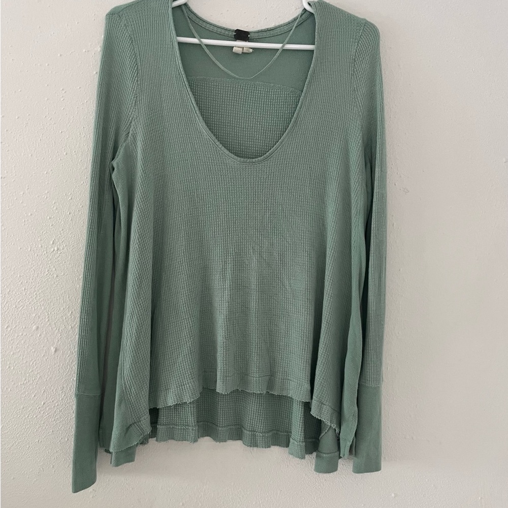 We The Free Sage Green Waffle-Knit Scoop Neck Long Sleeve Top